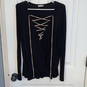 Black top with tan lace up detail